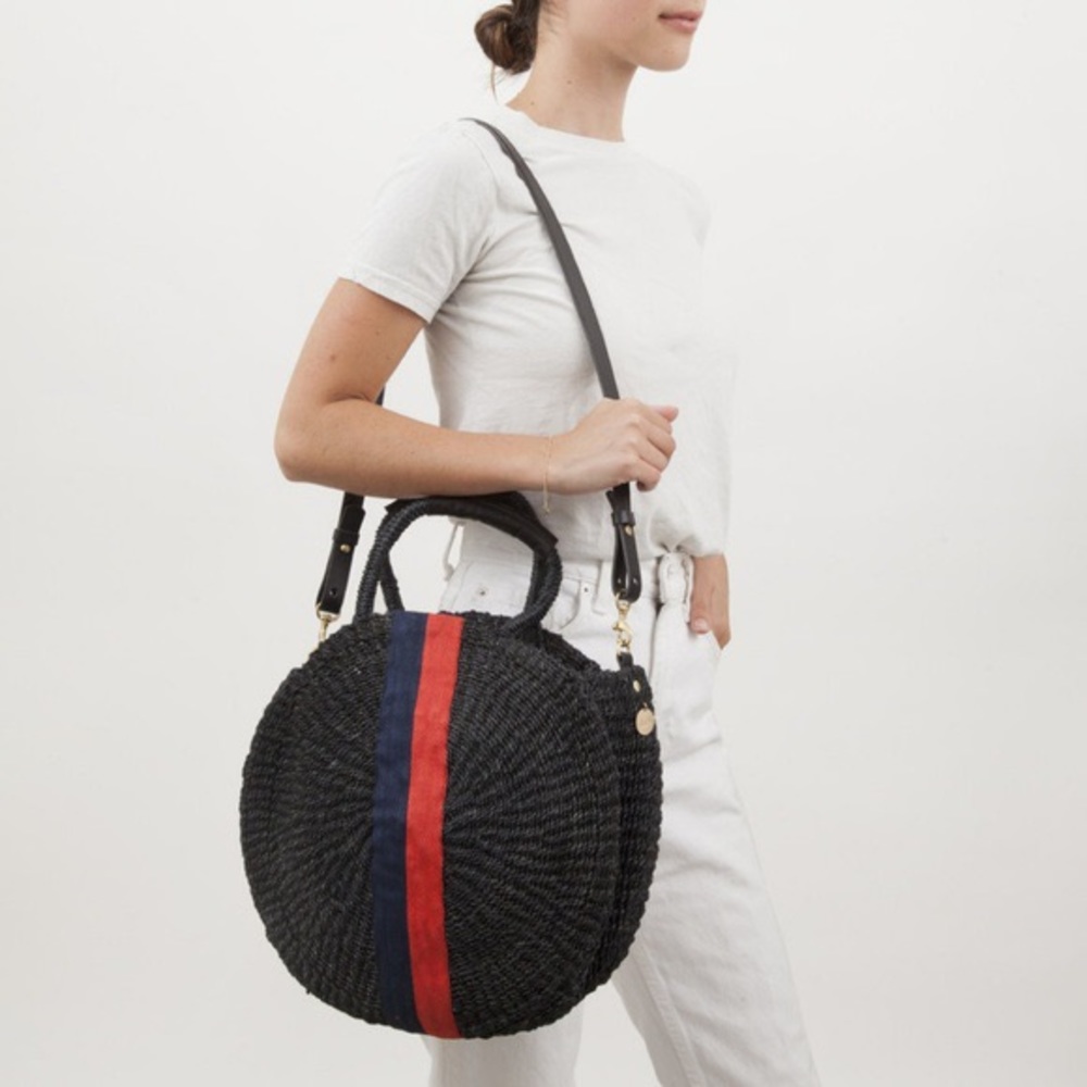 Clare V Alice woven black straw bag with navy red stripes and leather strap